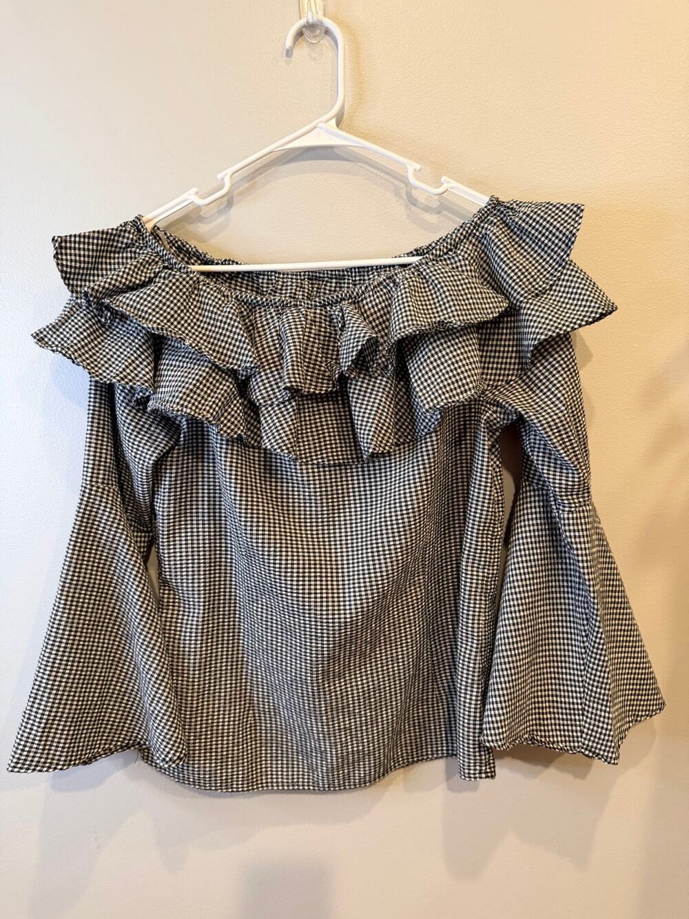 Alison Andrews Gingham Off Shoulder Ruffle Top Black White Bell Sleeve Sz M